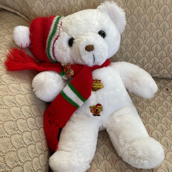 Christmas 10” Bear with red knitted hat and scarf - Picture 1 of 4